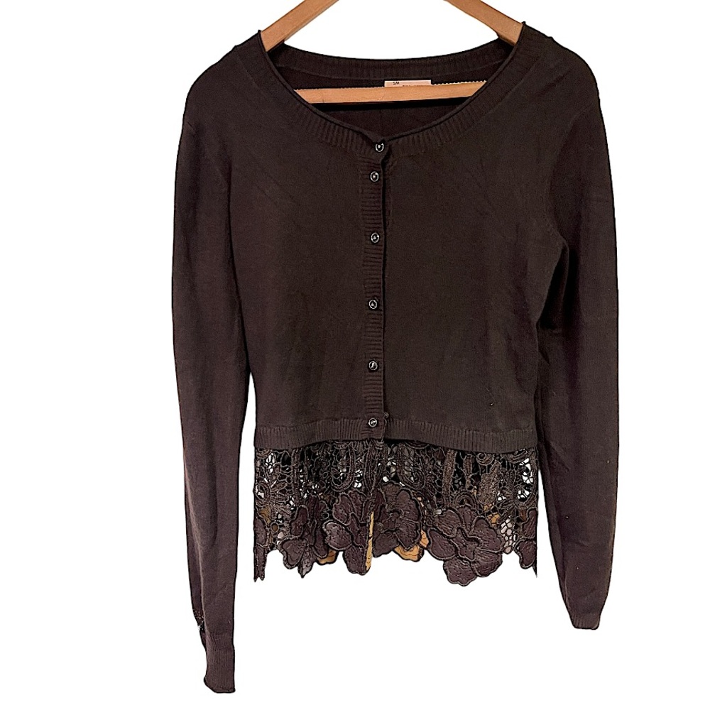 Tiramisu Brown Button‎ Front Cardigan Sweater with Lace Bottom Hem S/M